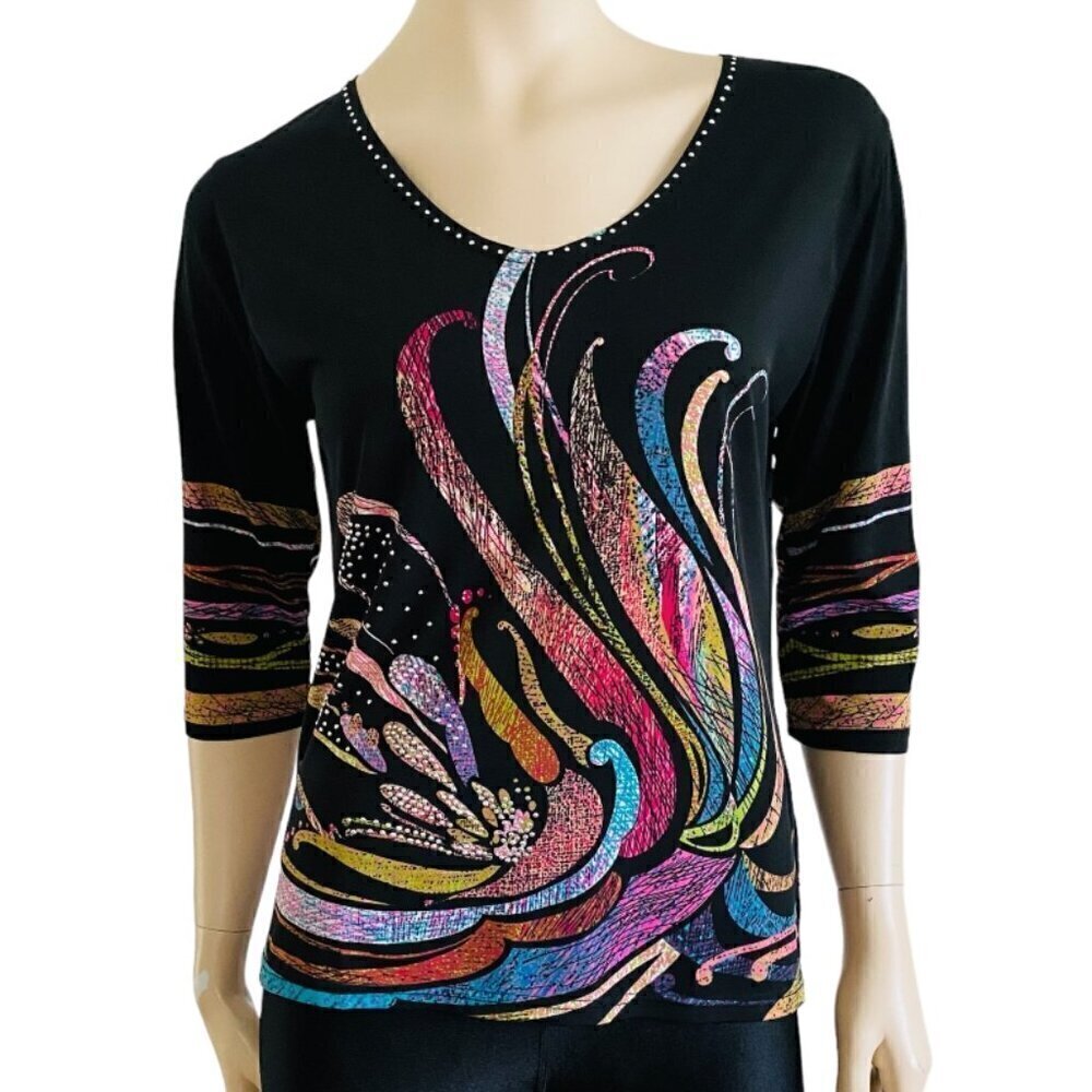 Valentina 1980's Abstract Studded 3/4 Sleeve Top Sz M​​​​​​​​​​​
